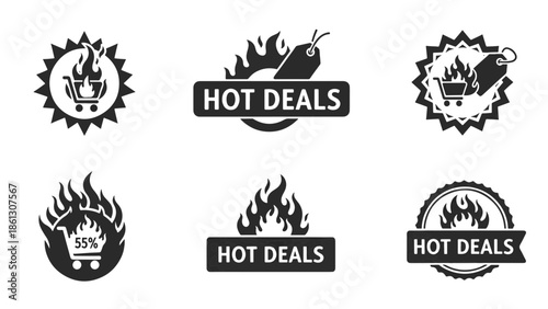 Dynamic collection of fiery graphic elements for promoting hot deals and special offers in retail marketing campaigns.