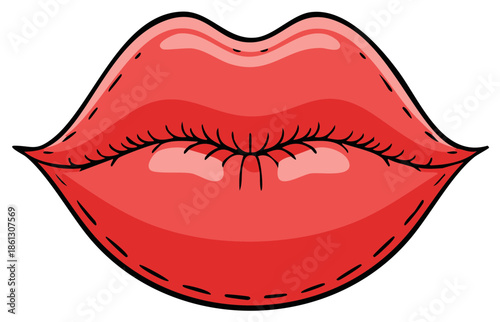 Vibrant Red Lips Cartoon Illustration with Glossy Effect and Outline