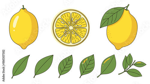 Vibrant flat vector illustration set of fresh yellow lemons, a citrus slice, and green leaves, ideal for healthy food and beverage designs.