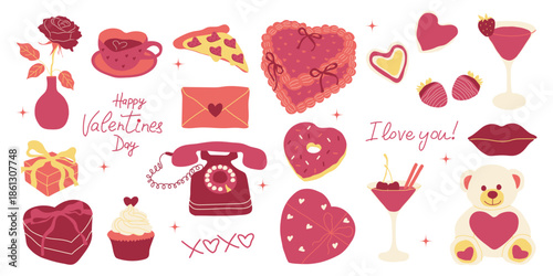 Valentine’s Day romantic hand drawn elements. Hearts, roses, teddy bear, cupcakes, chocolates, sweets, gifts, envelope,  phone. Vintage doodle illustrations for cards, stickers, invitations