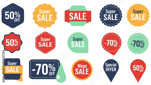 Collection of dynamic vector sale and discount tags for retail promotions and marketing campaigns on a black background