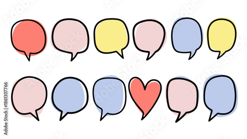 Vibrant collection of hand-drawn pastel speech bubbles and a heart illustration, perfect for digital communication and expression.