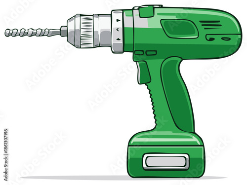 Green power drill, vector illustration, construction tool, drilling equipment design