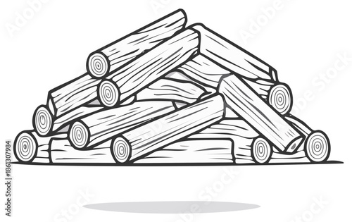 Pile of firewood illustration, chopped logs stacked, timber for winter, firewood outline