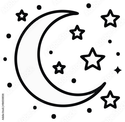 Crescent Moon with Stars Floating in Space Astronomy Celestial Design Decorative Vector Illustration