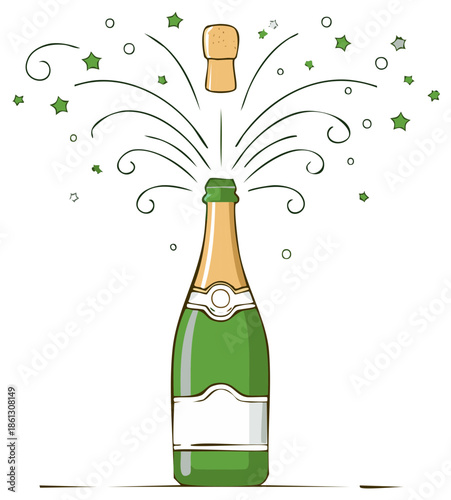 Vector illustration of an exploding champagne bottle with a flying cork and festive stars