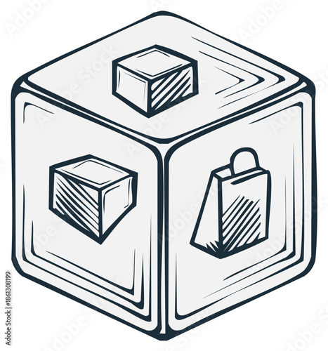 Three dimensional cube illustration with boxes and shopping bag icons representing commerce and delivery