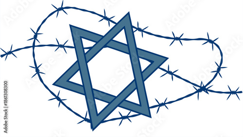 Star of David surrounded by barbed wire on white background