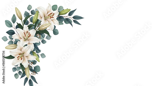 Luxury botanical corner element with lilies and eucalyptus in deep teal and beige isolated on white background