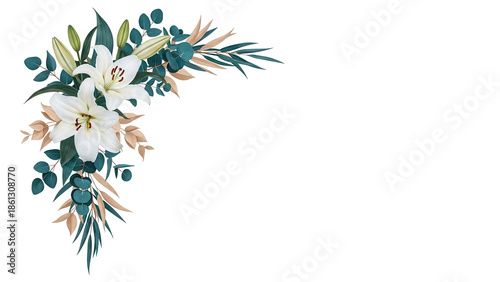 Luxury botanical corner element with lilies and eucalyptus in deep teal and beige isolated on white background