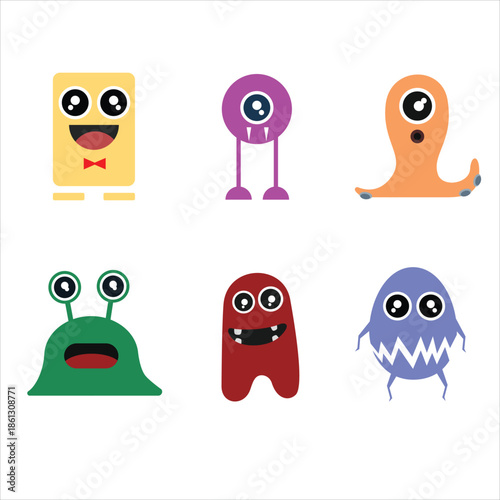 Set of cute colorful monster characters for kids design and stickers. Funny alien creature collection isolated on white background, flat vector style.