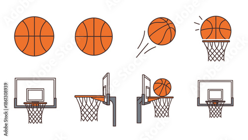 Collection of Basketballs and Hoops Illustrating Game Elements on Light Grey Background