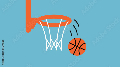 Dynamic Basketball Falling Through Hoop with Motion Lines on Light Blue Background