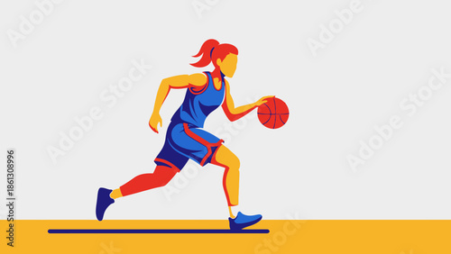 Dynamic female basketball player in blue uniform dribbling the ball quickly, in an energetic pose on a minimalist yellow and grey background.