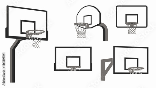 Collection of various basketball hoops and backboards in different styles and configurations, on an isolated white background.