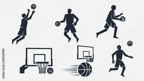 Diverse Basketball Player Silhouettes in Dynamic Action Poses with Hoops and Balls, isolated white background.