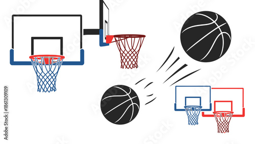 Collection of diverse basketball hoops and dynamic basketballs in motion, in a bright studio background.