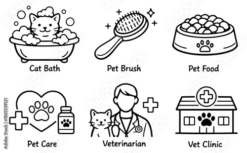 Hand drawn line art pet care set featuring essential pet care and veterinary service icons for animal lovers