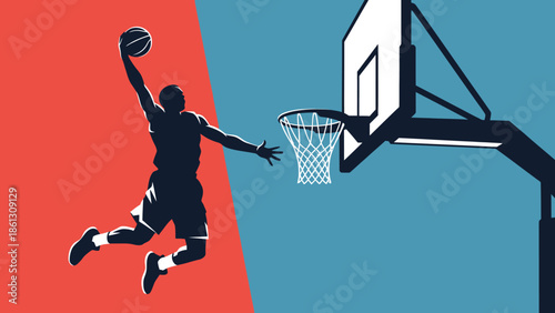 Silhouette of a powerful male basketball player performing a slam dunk into a hoop, with a red and blue background.