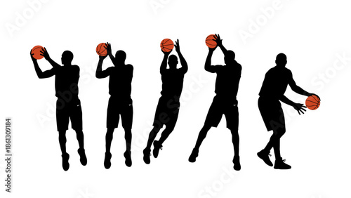 Silhouettes of dynamic male basketball players in various active poses with a basketball, isolated white background.