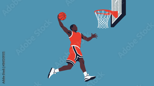 Athletic Male Basketball Player Slam Dunking Ball with Power on Bright Blue Studio Background.