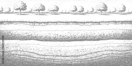 Illustration of a cross-section showing soil layers beneath a surface with trees
