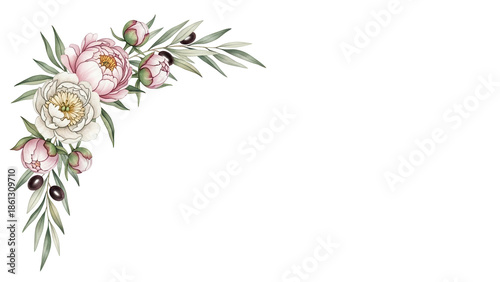 Luxury hand painted watercolor corner composition featuring peonies and olive branches in neutral tones isolated on white background