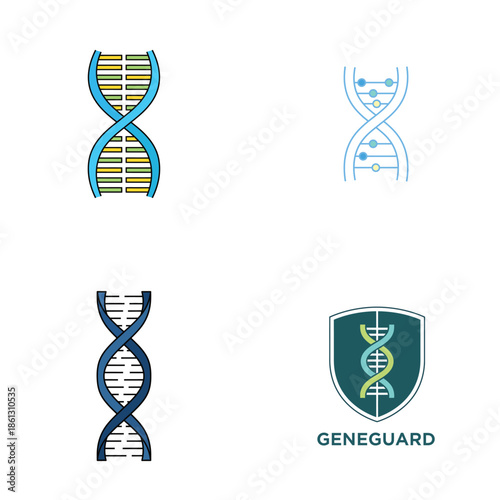 DNA Helix and GeneGuard Shield Icon Set Biotechnology and Genetics Vector Illustration