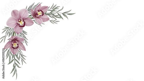 Luxury minimal floral corner border with orchids and delicate foliage in a muted mauve color isolated on white background