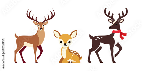 Cute cartoon deer family illustration featuring stag, doe, and fawn in flat vector style. Perfect for kids design, wildlife art, forest theme, Christmas decor, nursery prints, and animal character gra