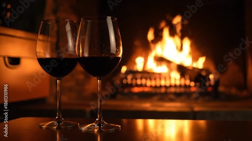 Wine glasses by fireplace warm romantic scene