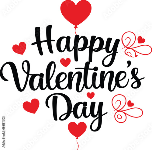 Happy Valentines Day text with heart balloons and decorations