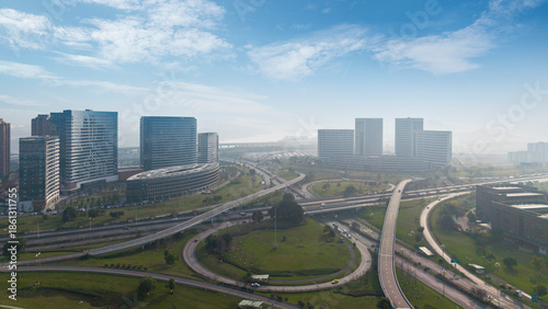 The intersecting highways and modern buildings in the city