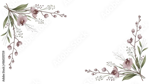 Luxury minimal floral corner border with orchids and delicate foliage in a muted mauve color isolated on white background