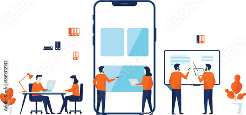 Flat vector illustration of a professional team managing software product lifecycles featuring mobile prototyping UX research and data-driven design strategy.