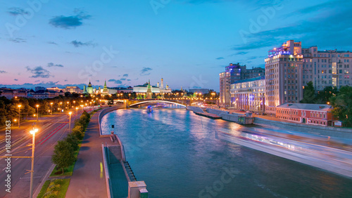 Photography View from the Patriarchal Bridge towards the Moscow Kremlin and the Large Stone Bridge day to night timelapse