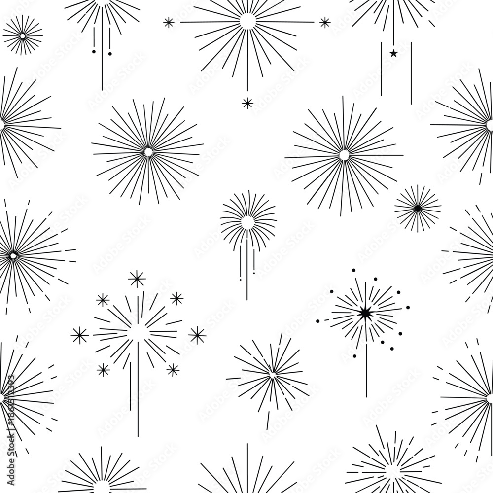 Fototapeta premium Elegant and Minimalist Firework Pattern Illustration Showcasing Diverse Burst Styles with Radiating Lines in Monochrome Design for Celebration Themes