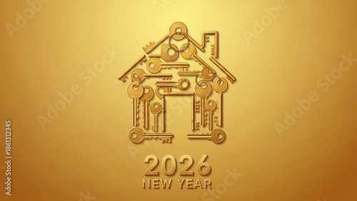 Golden house with keys, 2026 new year celebration, luxury home ownership concept with warm shiny background