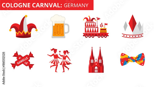 A graphic illustration of eight symbols related to the Cologne Carnival in Germany