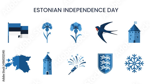 Blue and white Estonian symbols including flags flowers bird map tower fireworks and crest