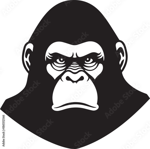Intense black and white vector illustration of a powerful gorilla head, capturing its serious expression and formidable presence, perfect for impactful logos and strong branding