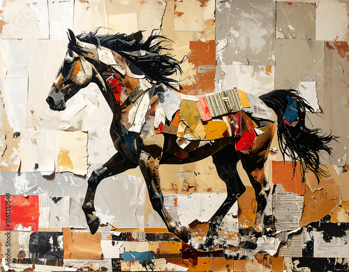 新聞や紙の断片で再構築された躍動する馬。ヴィンテージな質感のモダンアート。