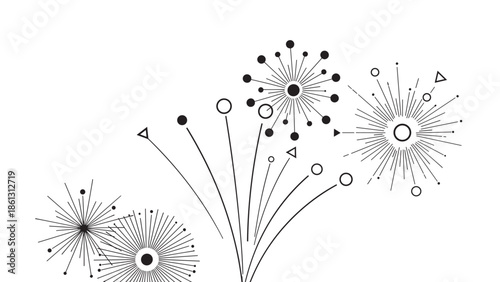 Abstract black and white geometric explosion with radiating lines, circles, and triangles forming intricate patterns and dynamic compositions