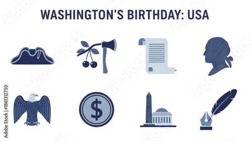 Graphic icons representing George Washington themes for USA holiday