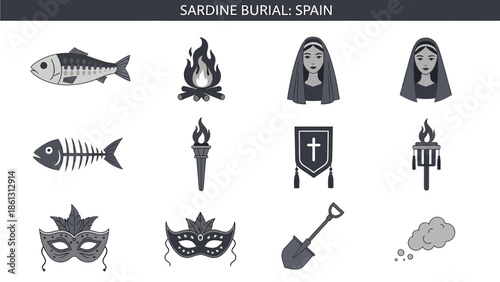 Icons related to the Spanish Sardine Burial tradition in a threebyfour grid