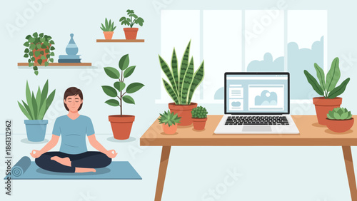 Woman Meditating Near Laptop and Potted Plants.