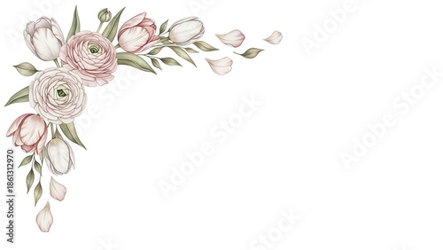 Luxury watercolor corner element with tulips and ranunculus in a neutral palette isolated on white background