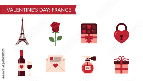 Valentines Day symbols from France including the Eiffel Tower and gifts