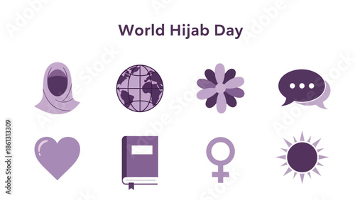 World Hijab Day graphic with purple icons of a woman in hijab globe flower speech bubble heart book female symbol and sun