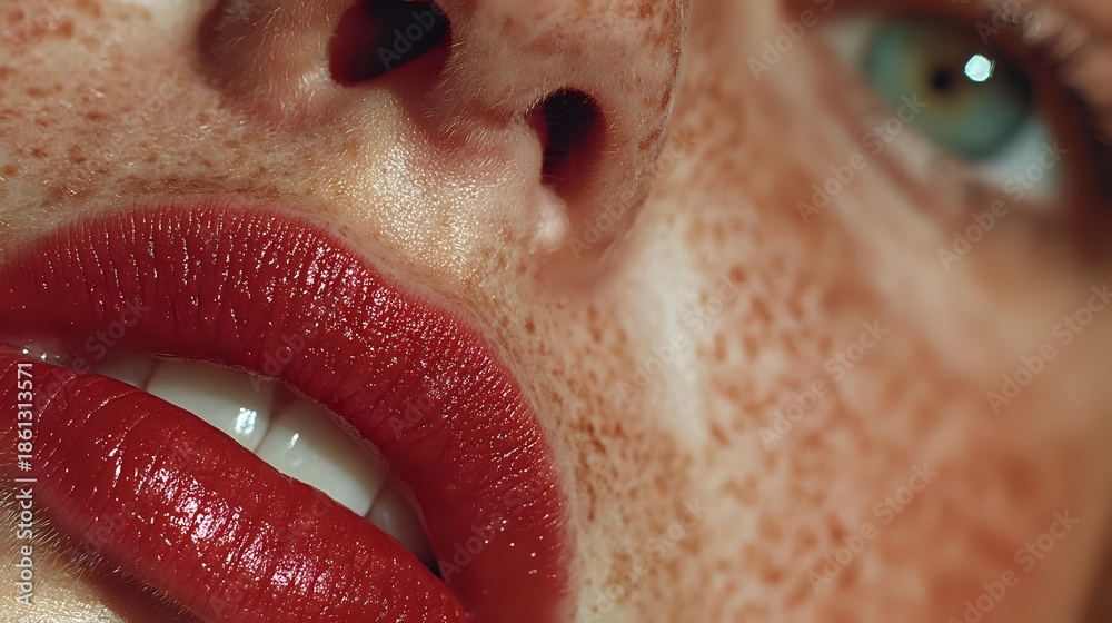Obraz premium Close-up portrait of young Caucasian woman with freckled skin, red glossy lipstick and green eyes. Natural beauty and skincare concept for cosmetics.